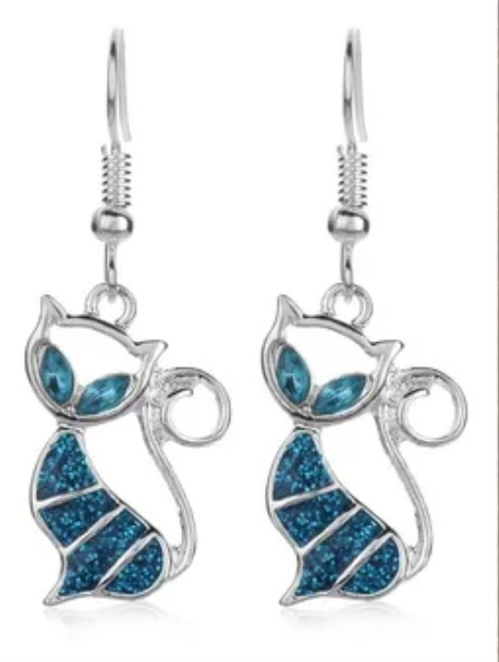Blue Cat Dangle Earrings - Silver Tone